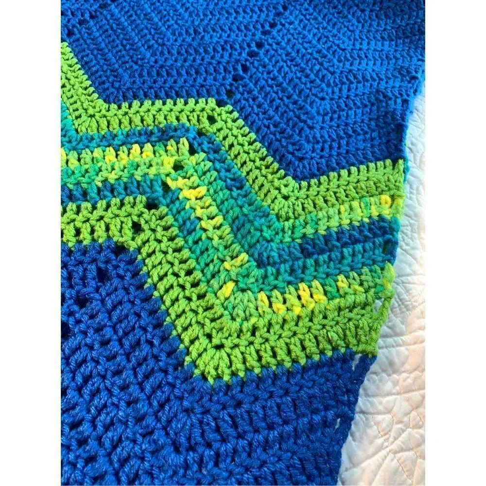Hand knit 60 x 34“ blanket blue green colors ￼